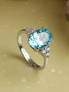 Clara Silver-Toned & Turquoise Blue Cubic Zirconia Stone Studded Adjustable Finger Ring
