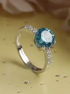 Clara Blue & Silver-Toned Cubic Zirconia Studded Adjustable Finger Ring