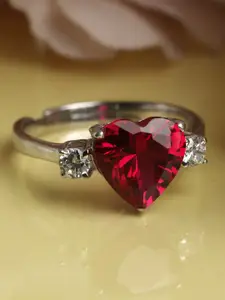 Clara Red & Silver-Toned Cubic Zirconia Studded Heart-Shaped Adjustable Finger Ring