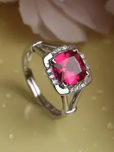 Clara Red & Silver-Toned Cubic Zirconia Studded Adjustable Finger Ring