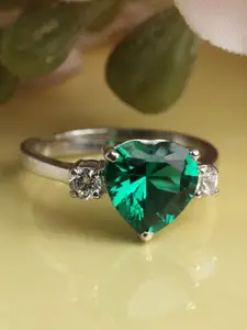 Clara Rhodium-Plated Green & Silver-Toned Cubic Zirconia Adjustable Finger Ring