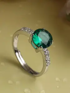 Clara Silver-Toned & Green Cubic Zirconia Stone Studded Adjustable Finger Ring