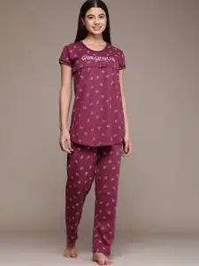 beebelle Women Burgundy Floral Printed Maternity & Feeding Pure Cotton Night Suit