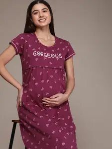 beebelle Burgundy Floral Printed Maternity & Feeding Pure Cotton Nightdress