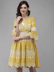 Ishin Mustard Yellow Floral Embroidered Tie-Up Neck A-Line Dress