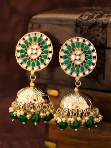 aadita Gold-Plated & Green Circular Jhumkas Earrings