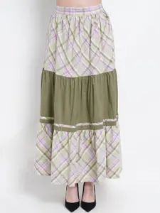 Purple State Women Green & White Checked Flared Maxi Skirt
