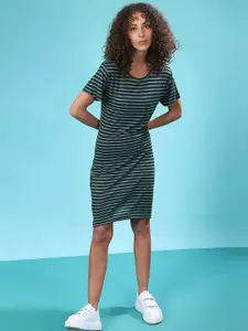 Campus Sutra Green & White Striped T-shirt Dress