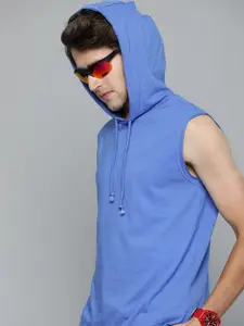Kook N Keech Men Blue Solid Pure Cotton Hooded Casual T-shirt