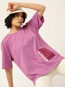 Kook N Keech Women Purple Pure Cotton Typography Printed Drop-Shoulder Sleeves T-shirt