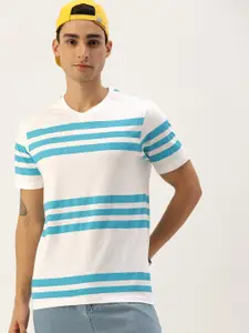 Kook N Keech Men White & Blue Striped Pure Cotton Relaxed T-shirt