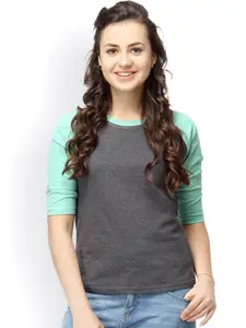 Campus Sutra Charcoal & Green Colourblocked Top