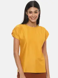 Campus Sutra Mustard Yellow Solid Round Neck Pure Cotton Top