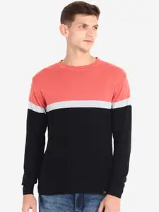JoE Hazel Men Peach-Coloured & White Colourblocked Pullover
