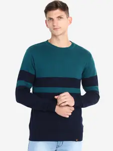 JoE Hazel Men Green & Navy Blue Striped Pure Cotton Pullover