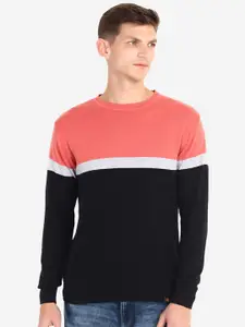 JoE Hazel Men Coral & White Colourblocked Pure Cotton Pullover Sweater
