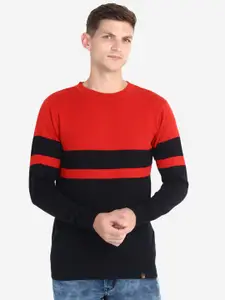 JoE Hazel Men Red & Navy Blue Colourblocked Striped Pullover