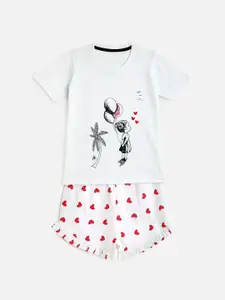 YK Girls White & Red Printed Pure Cotton T-shirt with Shorts