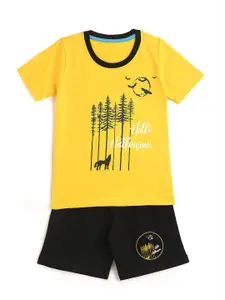 YK Boys Yellow & Black Printed T-shirt with Shorts