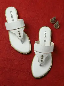 ICONICS Women White Embellished T-Strap Flats