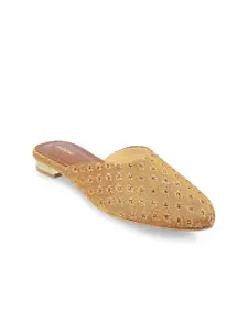 Mochi Women Gold-Toned Embroidered Mules Flats