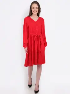 MARC LOUIS Women Red Embroidered Long Sleeves Dress