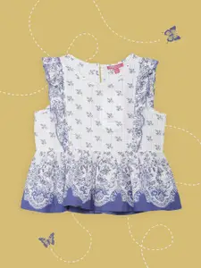 Biba White & Blue Floral Print Peplum Top