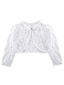 A.T.U.N. A T U N Girls White Self Design Lace Crop Shrug