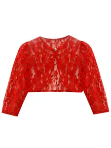 A.T.U.N. Girls Red Self Design Lace Shrug