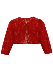 A.T.U.N. Girls Maroon Party Crop Sheer Button Lace Shrug