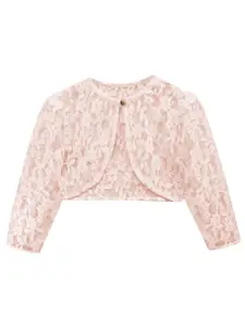 A.T.U.N. A T U N Girls Peach-Coloured Party Crop Sheer Button Shrug