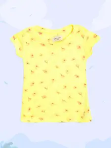 Gini and Jony Infant Girls Yellow & Coral Orange Floral Printed T-shirt
