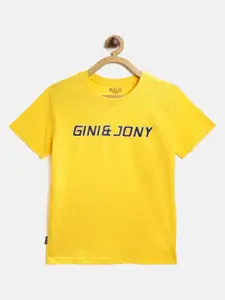 Gini and Jony Boys Mustard Yellow & Black Pure Cotton Brand Logo Printed T-shirt