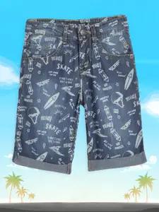 Gini and Jony Boys Blue Chambray Pure Cotton Typography Printed Shorts
