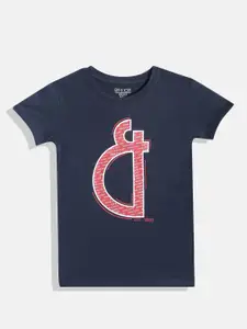 Gini and Jony Girls Navy Blue & White Brand Logo Print T-shirt