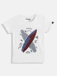 Gini and Jony Infant Boys White & Blue Sequinned & Printed Pure Cotton T-shirt