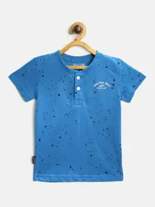 Gini and Jony Boys Blue & Black Cotton Typography Printed Henley Neck T-shirt
