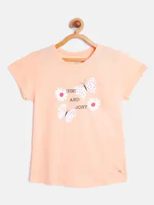Gini and Jony Girls Peach-Coloured & White Cotton Typography Print T-shirt