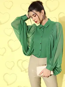 KASSUALLY Women Gorgeous Green Solid Batwing Sleeves Shirt Top