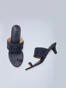 W Navy Blue Embellished Ethnic Kitten Sandals