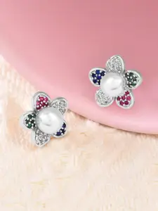 AMI Silver-Plated CZ Studded Floral Studs Earrings