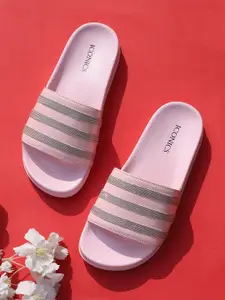 ICONICS Women Pink & Silver-Toned Striped Sliders
