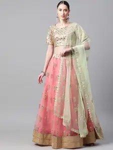 Readiprint Fashions Pink & Golden Embellished Semi-Stitched Lehenga & Blouse with Dupatta