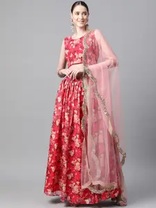 Readiprint Fashions Red & Pink Printed Semi-Stitched Lehenga & Blouse with Dupatta