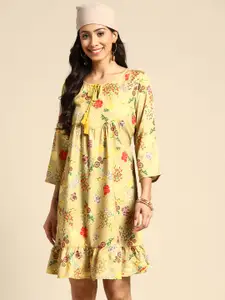 Sangria Khaki Floral Print Tie-Up Neck Ethnic A-Line Dress