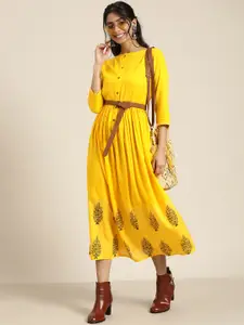 Sangria Yellow Ethnic Motifs A-Line Midi Dress