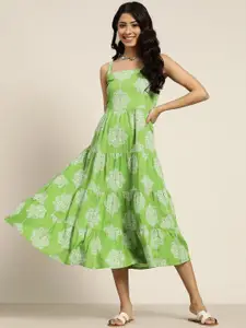 Sangria Women Green & White Ethnic Motifs Printed Tiered A-Line Dress