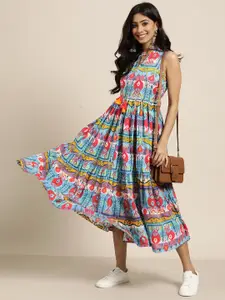 Sangria Multicoloured Pure Cotton Ethnic Motifs Print Tie-Up Neck Tiered Maxi Dress