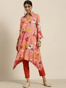 Sangria Women Dusty Pink & Yellow Floral Printed Shirt Collar Bell Sleeves Jacquard Kurta