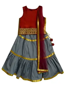 A.T.U.N. Girls Grey & Maroon Embroidered Ready to Wear Lehenga & Blouse With Net Dupatta
